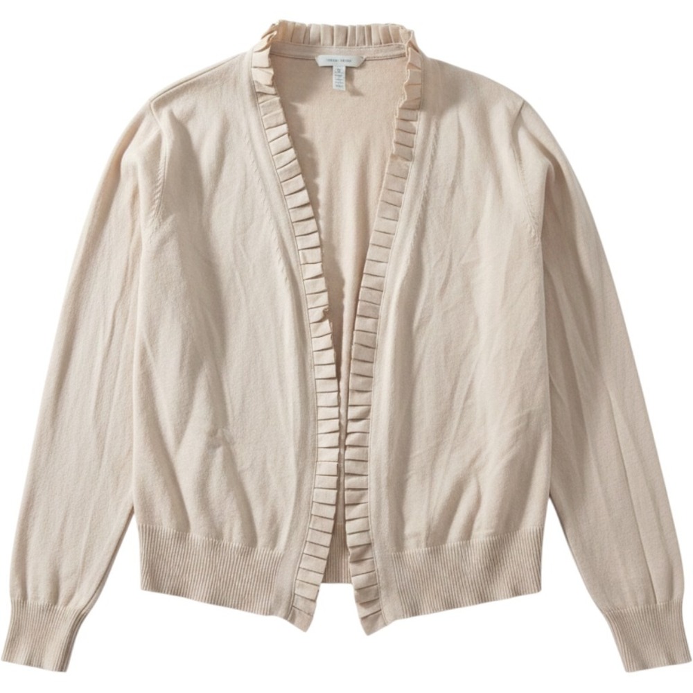 Siani Milano Cardigan Women Large Beige Ruffle Trim Open Front Knit Sweater